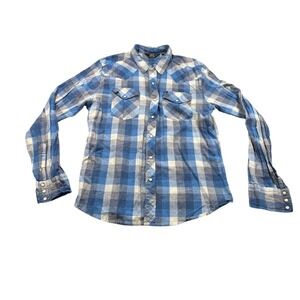 Salt Valley Western Blue Plaid Pearl Snap Shirt Large Cotton Blend